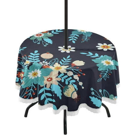 

Hyjoy Tablecloth Outdoor Folk Floral Pattern Zipper Tablecloth with Umbrella Hole for Hosting Backyard Parties BBQs Family Gatherings- 60 inches Round