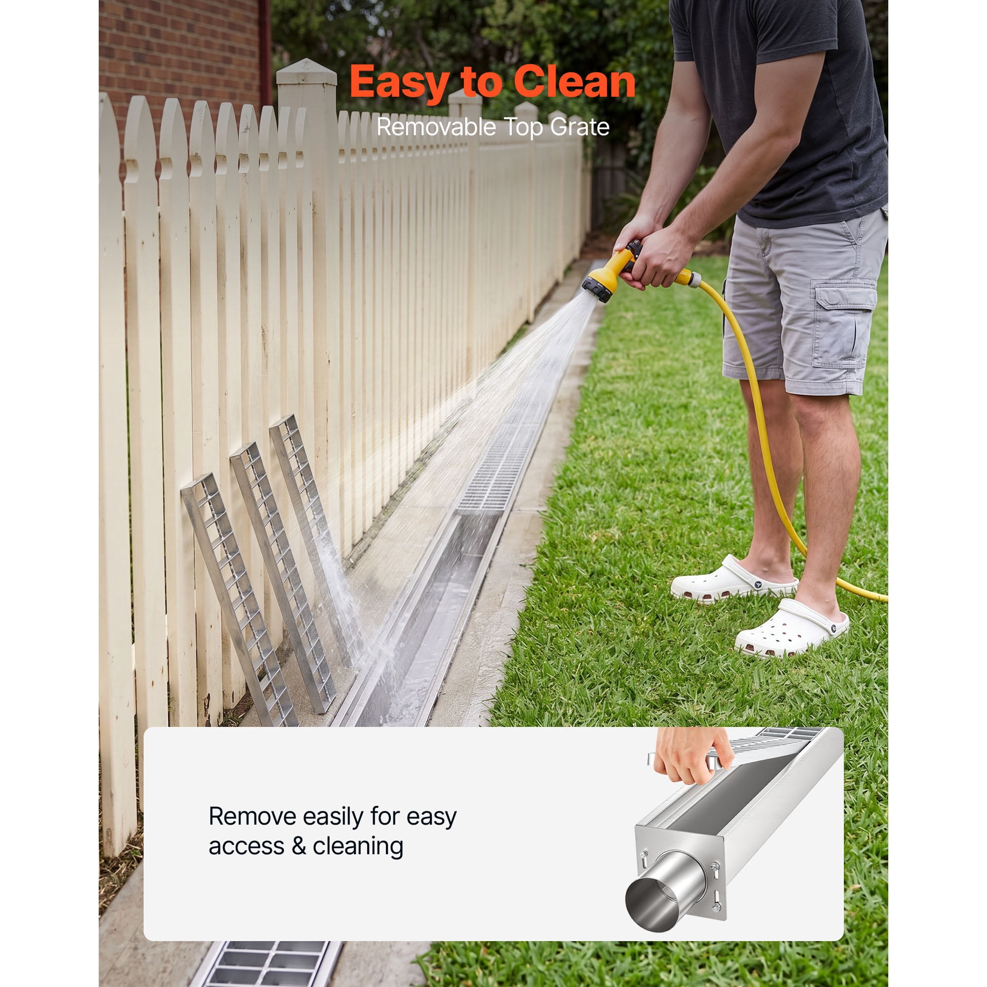 KFFKFF Trench Drain, 43.3 x 5.8 x 5.5 in, Linear Drainage Channel with Carbon Steel Grate, 304 Stainless Steel Channel, Durable Outdoor Drainage Solution for Driveway, Patio, Pool, Garden, Silver