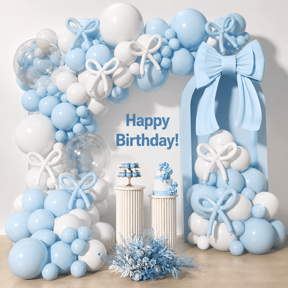 200Pcs Blue and White Balloon Garland Arch Kit - Light Blue White Balloons 18 12 10 5 Inch Different Size Balloons for Birthday Baby Shower Bachelorette Gender Reveal Party Decoration Supplies