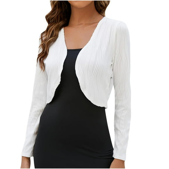 Long Sleeve Bolero Shrugs Womens Ribbed Cropped Cardigans Open Front Lightweight Tops Cover Ups for Dress White, S