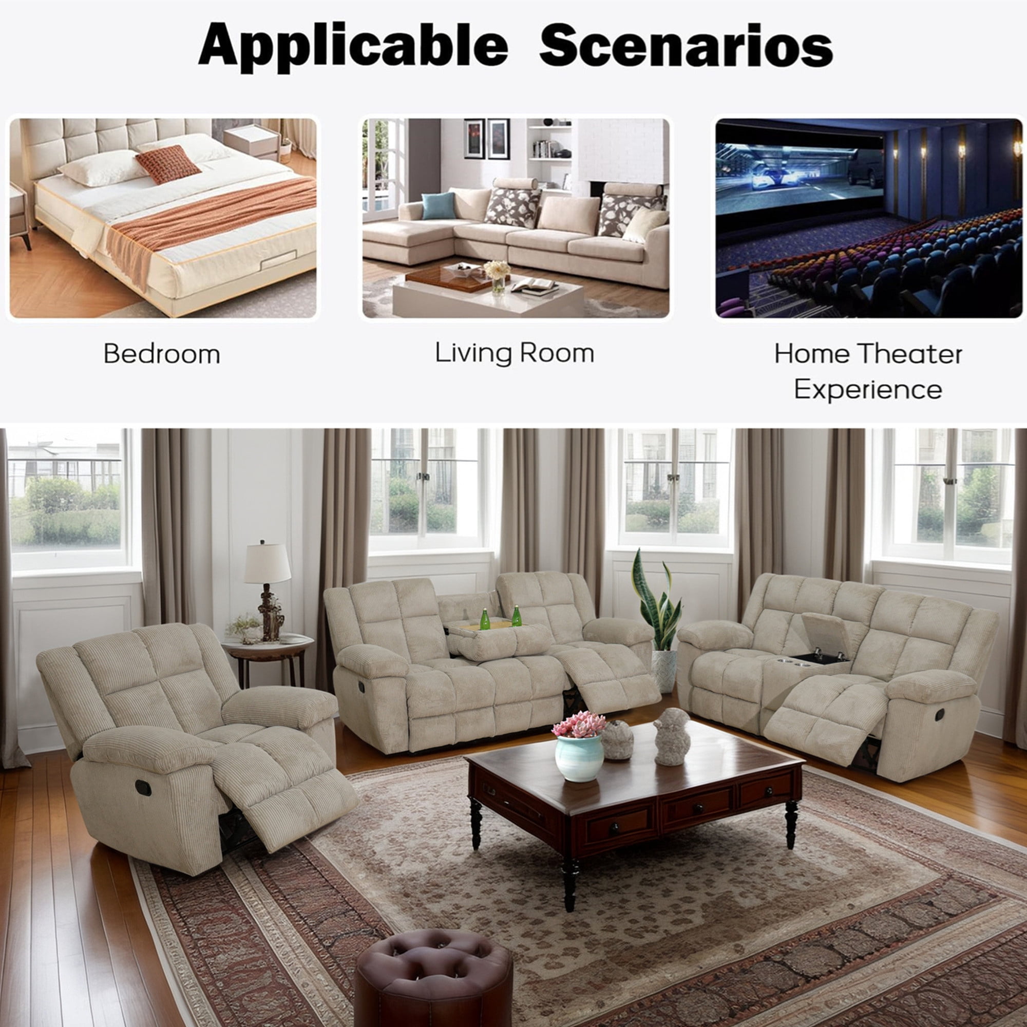Aukfa 3-Piece Recliner Sofa Set, Oversized Armchair+Loveseat +3 Seat Sofa, 2 Cup Holders&Storage Console, Corduroy, Beige