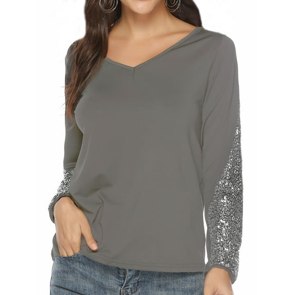 Nlife Women Sequins Spliced Long Sleeve V Neck Color Block Plain Shirt