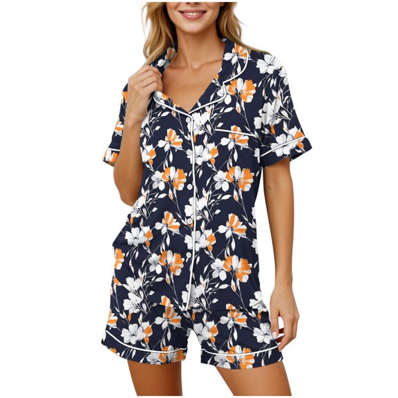 PRINxy Women's Champagne Print Button-Down Pajama Set, Short Sleeve Top & Shorts, 2-Piece Summer Breathable Loungewear Sleepwear with Pockets Orange M