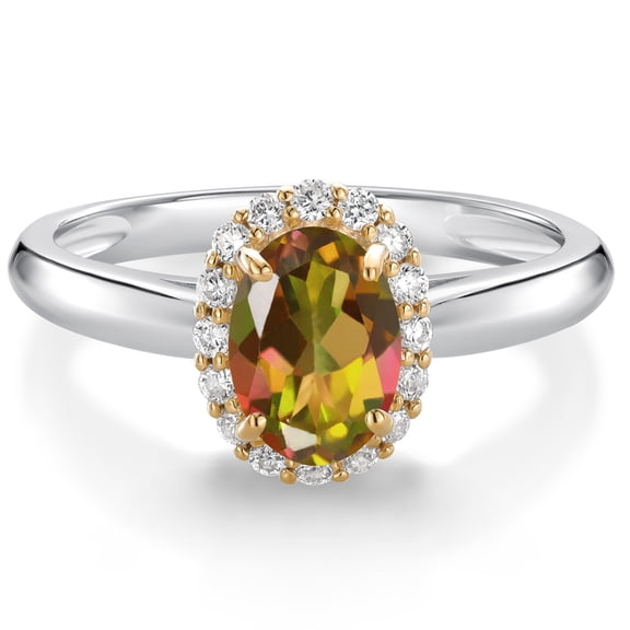 Gem Stone King 925 Sterling Silver and 10k Yellow Gold Mango Mystic Topaz and White Lab Grown Diamond Halo Engagement Ring for Women (1.33 Cttw, Gemstone, Oval 7X5MM, Size 9)