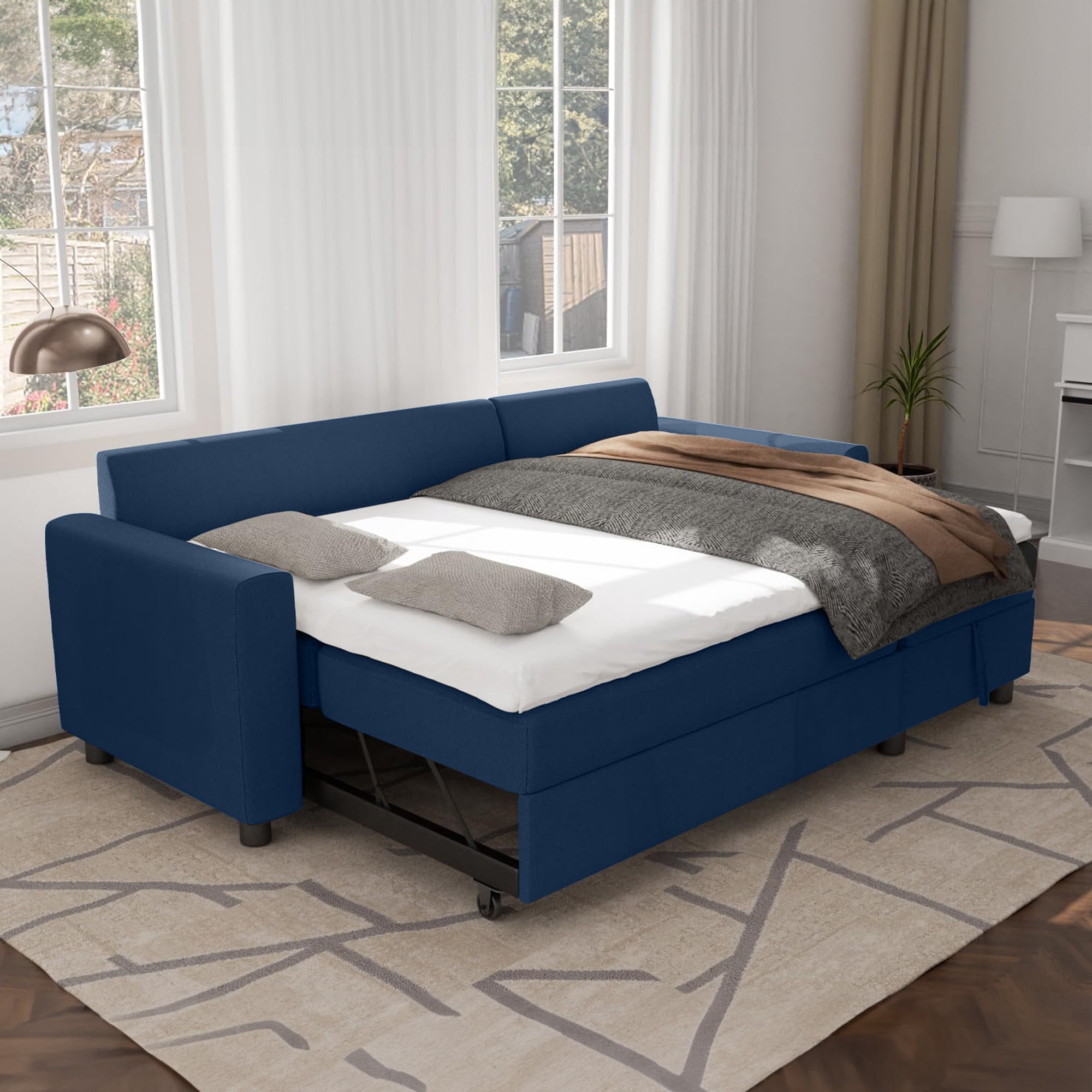 DEALTOPS Linen Reversible Sleeper Sectional Sofa Bed with Storage Chaise,Blue