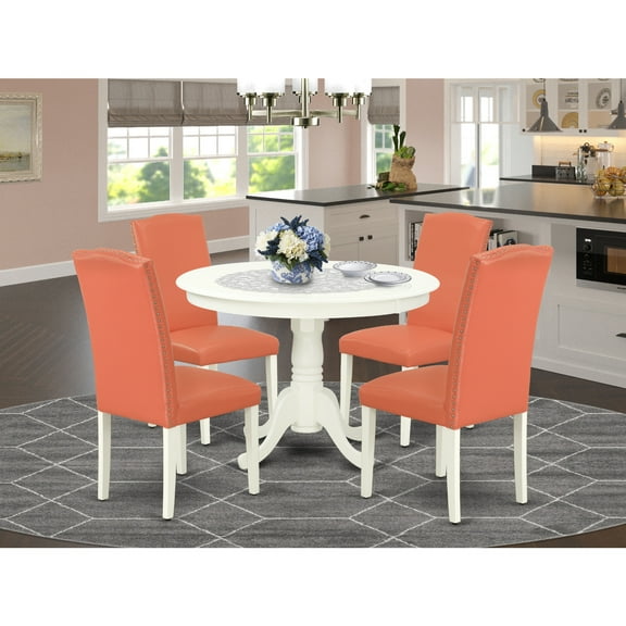 Round Dinette Set 5Pc - 42 Inch Table & 4 Chairs - Pink Flamingo PU Leather - Home Kitchen Furniture