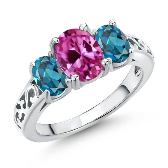 Gem Stone King 925 Sterling Silver Pink Created Sapphire and London Blue Topaz Filigree Style 3 Stone Ring for Women (2.85 Cttw, Oval 8X6MM and 6X4MM) (Size 8)