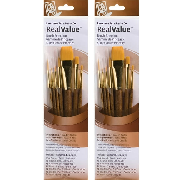 Princeton RealValue Brush Set, Gold Taklon Bristles, Short Handle Mixed Media Paintbrush, Brown, 7 Per Set, 2 Sets