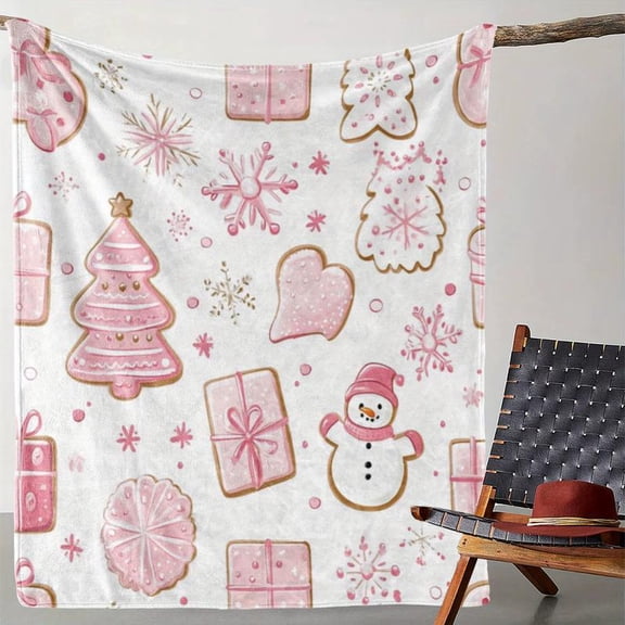 Funny Blanket Cozy Flannel Christmas Blanket with Snowman & Pink Gingerbread Design - Soft, Warm, All-Season Throw for Couch, Bed, Car, Office Christmas Present