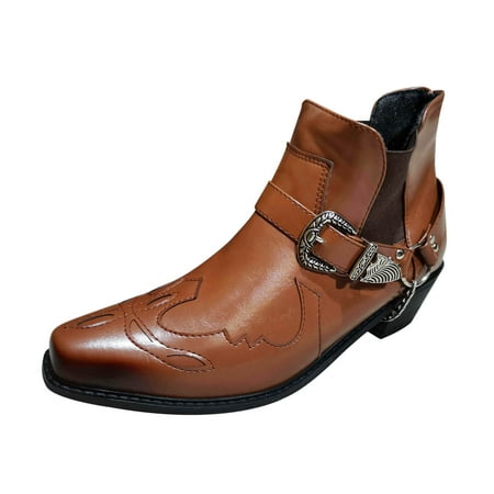 

wofedyo Mens Boots Men S Boots Fashion Belt Buckle Thick Heel Pointed Short Boots Leather Shoes For Men