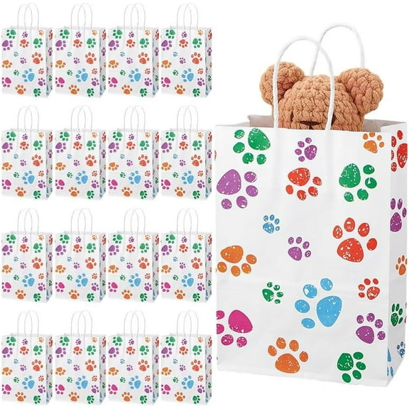 20pcs Gift Bags 8.1 x 5.8 x 3.1 inch Puppy Dog Paw Print Treat Goodie Bags Dog Gift Bags with Paper Handles Party Favors