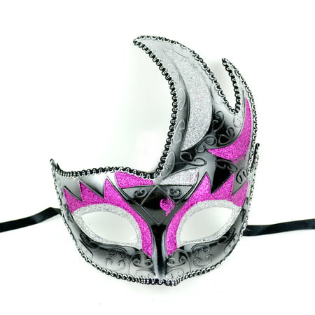 Mardi Gras Fancy Deco Masquerade Mask Large Silver Pink Black 7