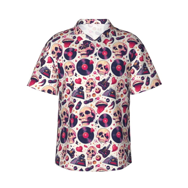 Fotbe Skull lips record Guitar Camisa Hawaiana para Hombre Unisex – Camisa Casual de Verano con Botones de Manga Corta de Algodón y Lino,Medium