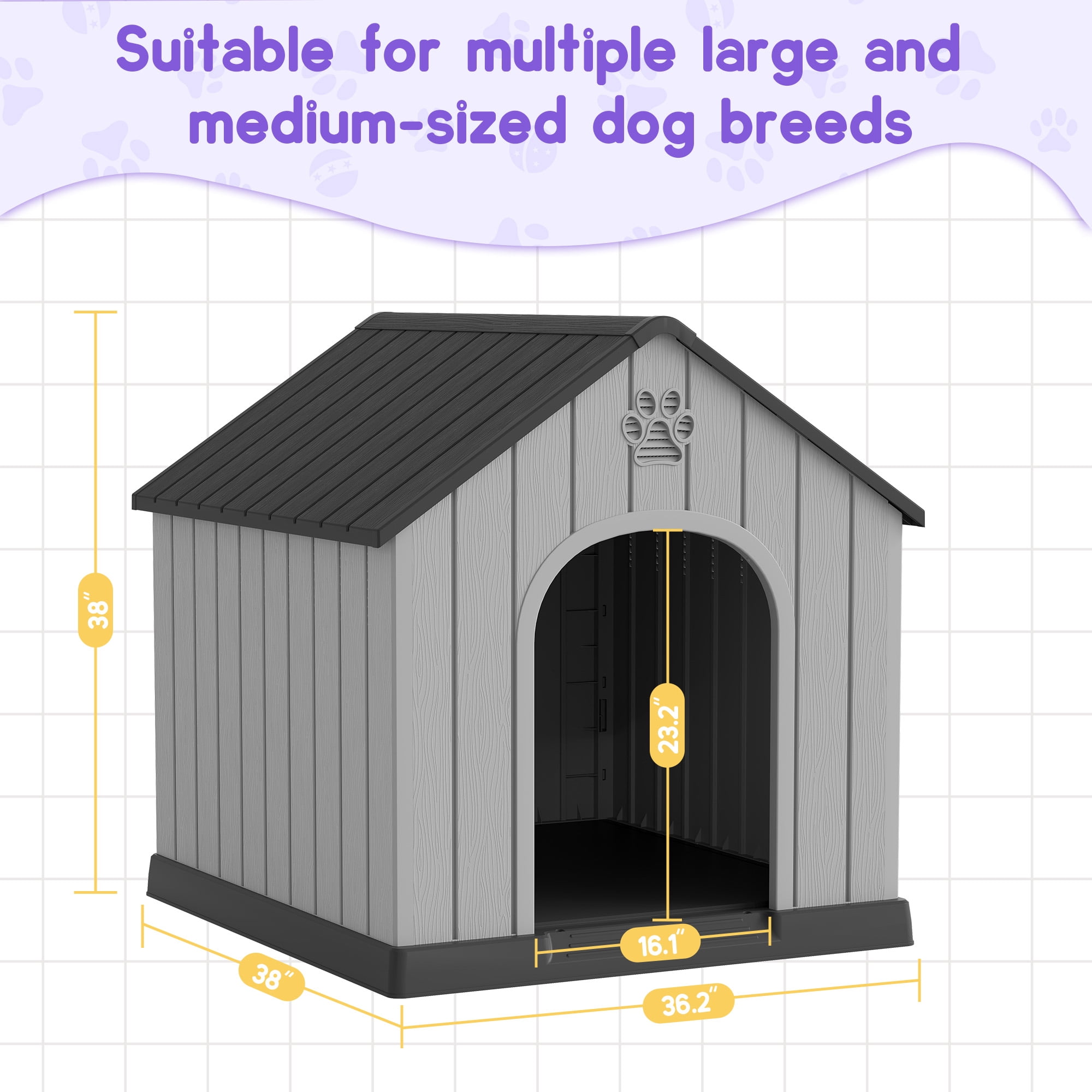 Nihsuao Dog House for Medium Large Dogs, Durable PP Waterproof Outdoor & Indoor Dog Shelter with Air Vents, Elevated Floor, Easy Clean and Assemble, Black (36.2"L×38"W×38"H)