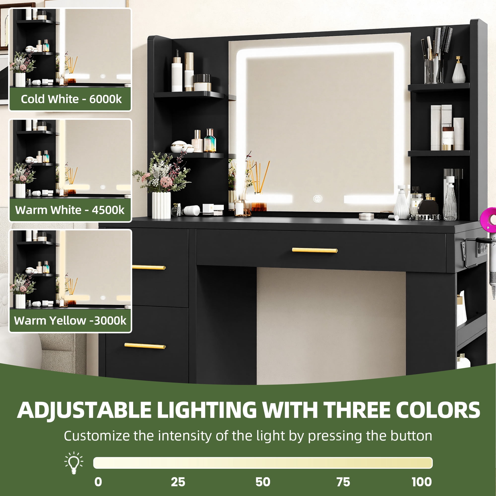Uforic 40" Black Makeup Vanity Desk with 3-Color LED Mirror, 4 Drawers, 7 Open Shelves, Power Outlets, Hair Dryer Holder & Anti-Tip Safety for Adults