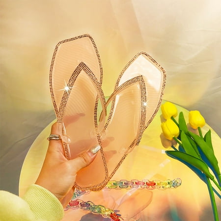 

Woman Fancy Diamond Square Toe Flat Bottom Leaky Finger Summer Slippers Shoes
