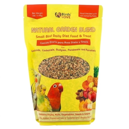Birds LOVE Natural Garden Blend Bird Food for Small Birds, 2 lb - Hand Packed in USA, Natural Mix with Fruits, Seeds & Grains for Lovebirds, Cockatiels, Budgies & Parakeets