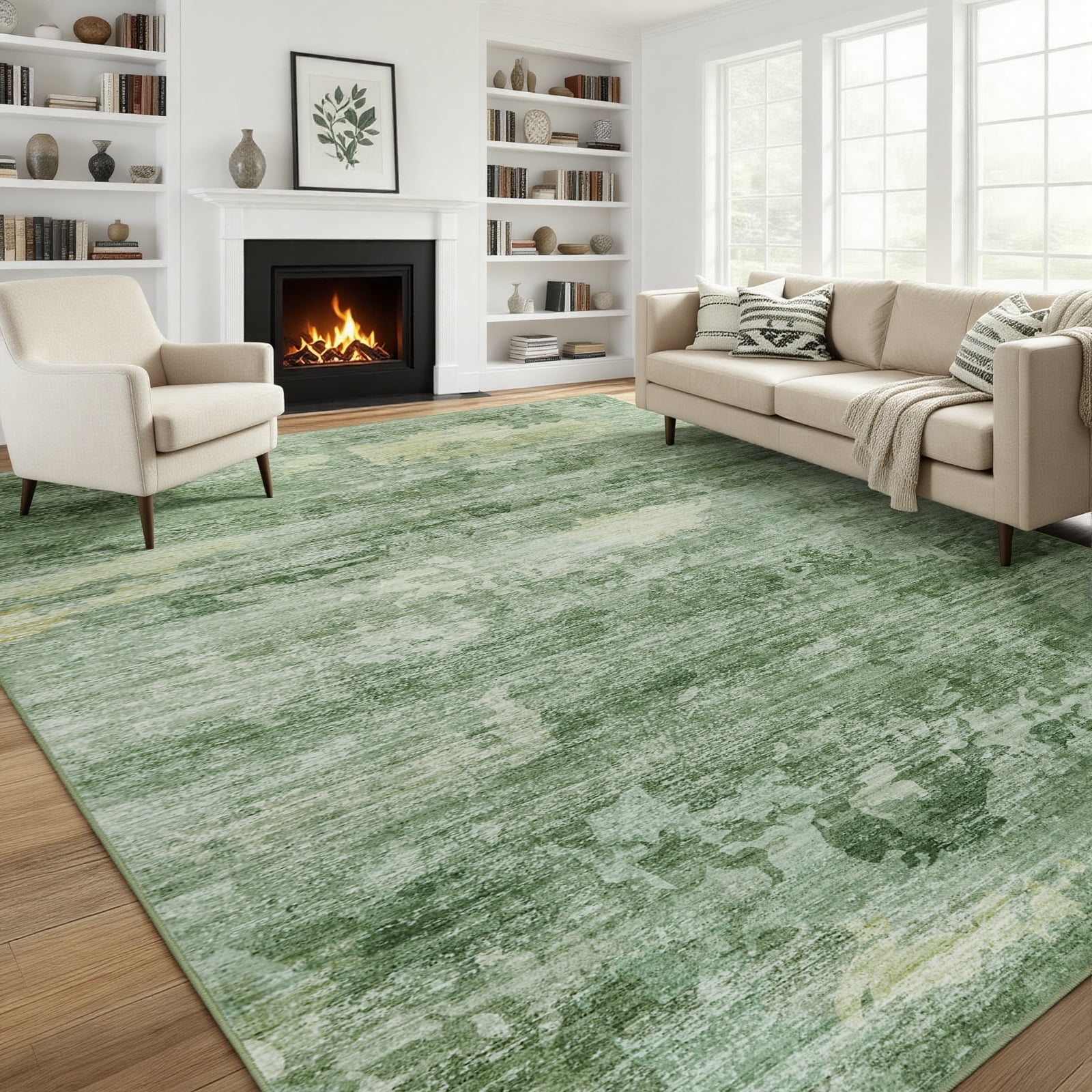8x10 Area Rugs for Living Room-Sage Green Modern Abstract Area Rugs Machine Washable Rugs,Non-Slip Soft Neutral Farmhouse Carpet Rugs for Bedroom Dining Room Home Office