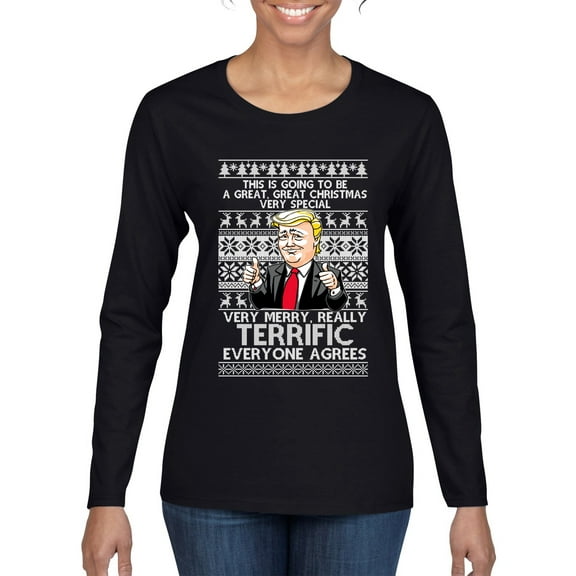 Wild Bobby Great Terrific Merry Christmas Funny Donald Trump Political Women Graphic Long Sleeve Tee, Black, Small