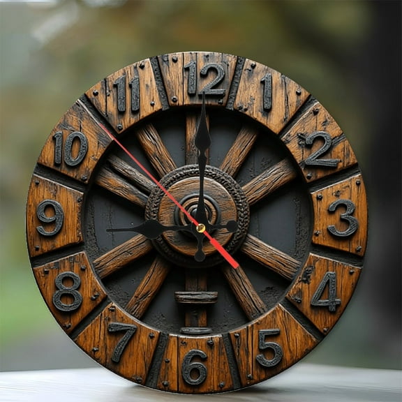 Rustic Wooden Wheel Wall Clock Farmhouse Decor 10-Inch Silent Wooden Wall Clock, Battery Operated (AA Batteries Not Included), Artistic Home Decor