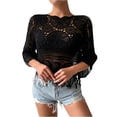 thumbnail image 2 of Boho Crochet Knit Fringe Hem Top, Women's 3/4 Sleeve Hollow Out Loose Fit Casual Poncho Blouse for Festival, Black One Size, 2 of 6