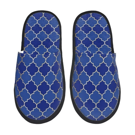 Balery Blue Gold Grid Lantern Shapes Slient Indoor Furry Fleece Comfort House Shoes Soft Non-Slip Home Shoes Cotton slippers House Slippers-- Large
