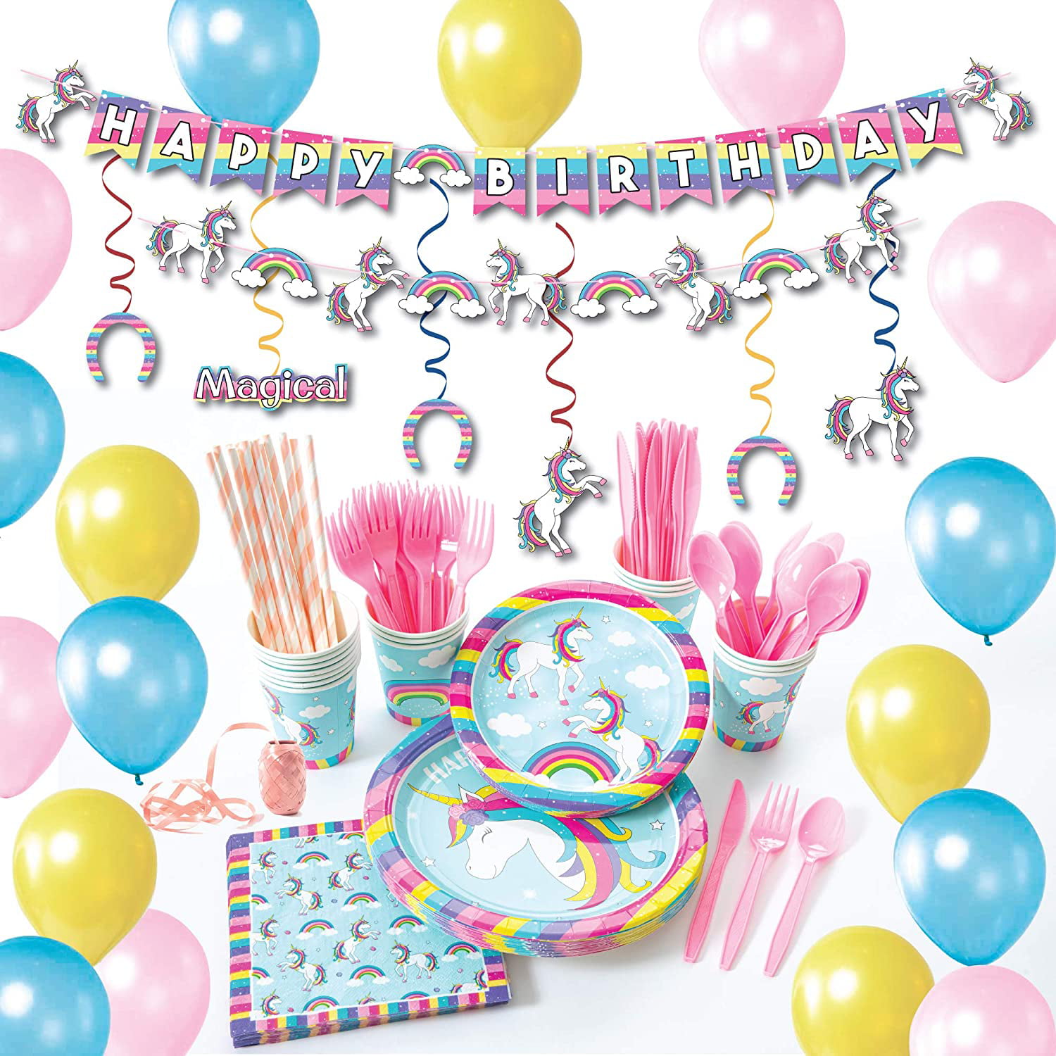 Unicorn party supplies decorations set 176 piece for birthday party-Serves 16 guests-birthday bunting,straws,blowouts whistles,Unicorn headband,pink satin sash for girls,princess girls Party favors 