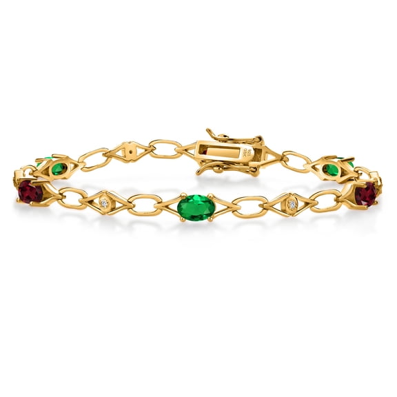 18K Yellow Gold Plated Silver Green Nano Emerald and Red Rhodolite Garnet and Round White Lab Grown Diamond Tennis Bracelet for Women (2.74 Cttw, Gemstone Birthstone, Oval 6X4MM, 7.25 inches)