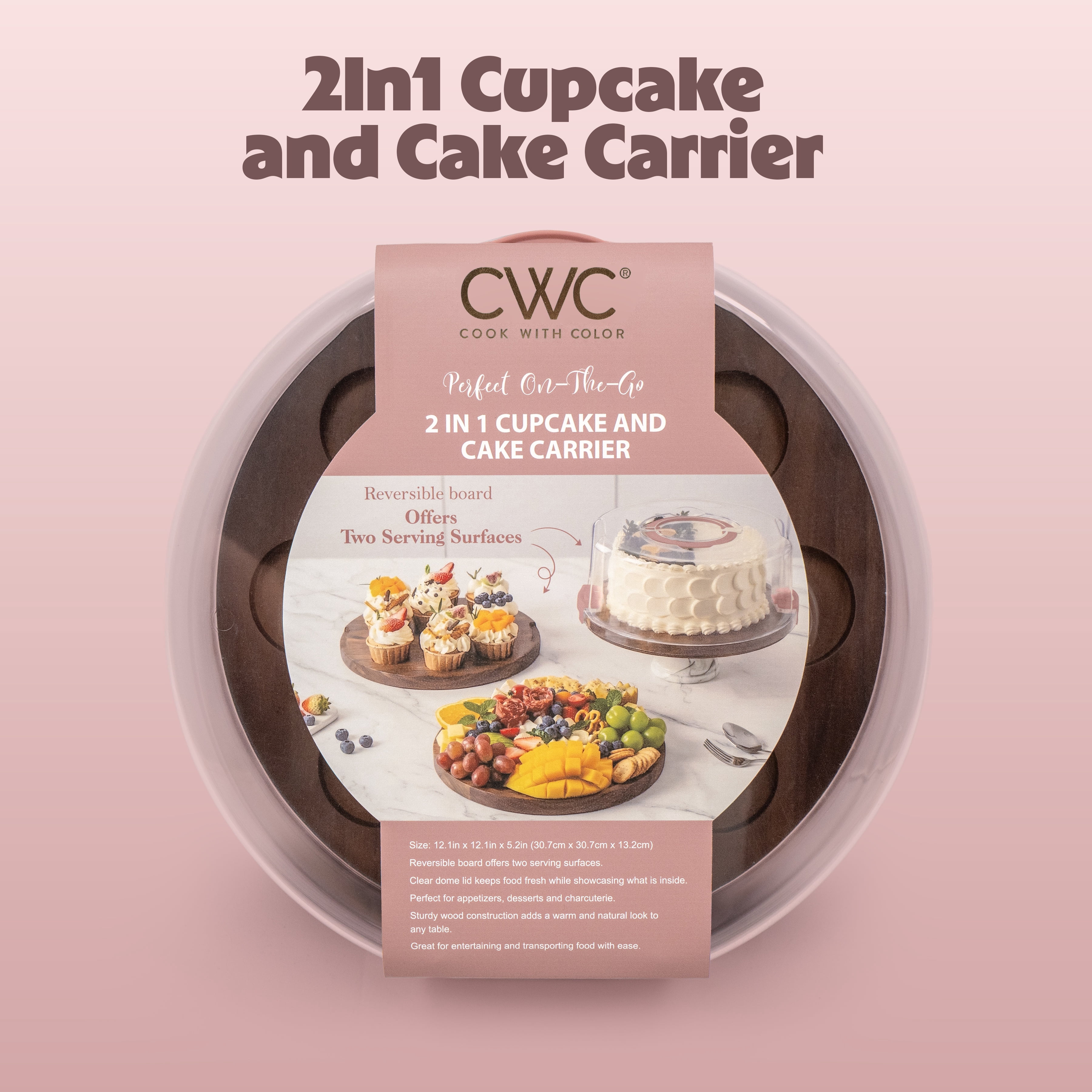 Cook with Color Dark Walnut Wood Cake and Cupcake Carrier, 2-in-1 Reversible Tray with Locking Lid, Dark Walnut