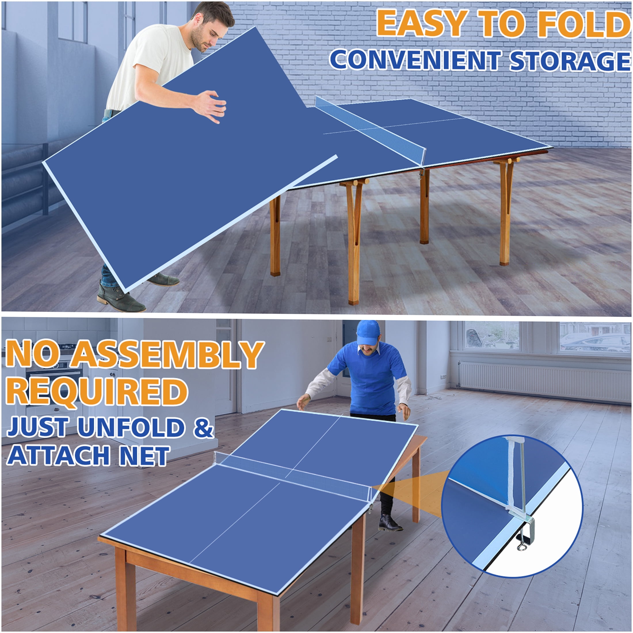 JERFIT 7x4ft Portable Ping Pong Table Top | Indoor Blue MDF Conversion Surface with Foldable Design & Included Net