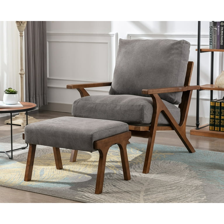 Guyou Mid Century Accent Chair and Ottoman Set Upholstered Denim Fabric Armchair Comfy Single Sofa Lounge Chair with Wooden Frame for Fireplace