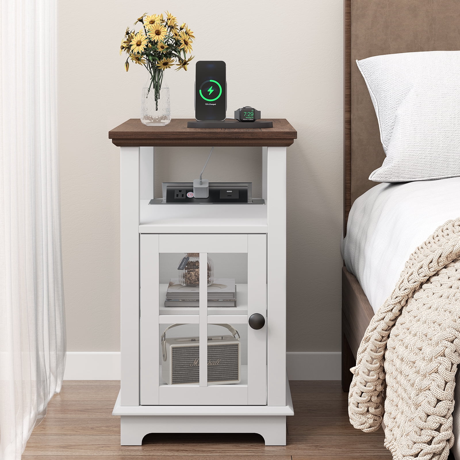 FAGAGA End Tables with Charging Station for Living Room, Wooden Nightstand for Bedroom, White