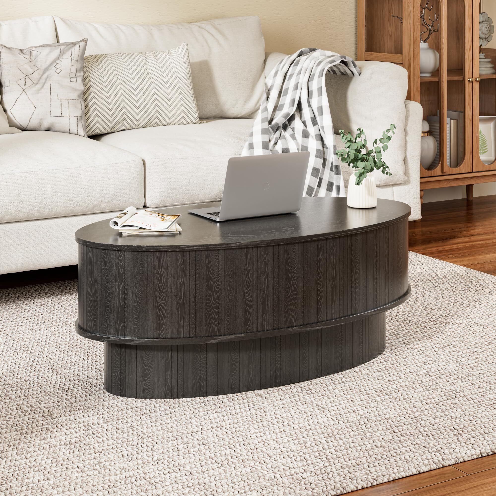 JEJEGORICH Oval Lift Top Coffee Table with Hidden Storage, 41 in Wooden Mid Century Modern Living Room Center Table, Black