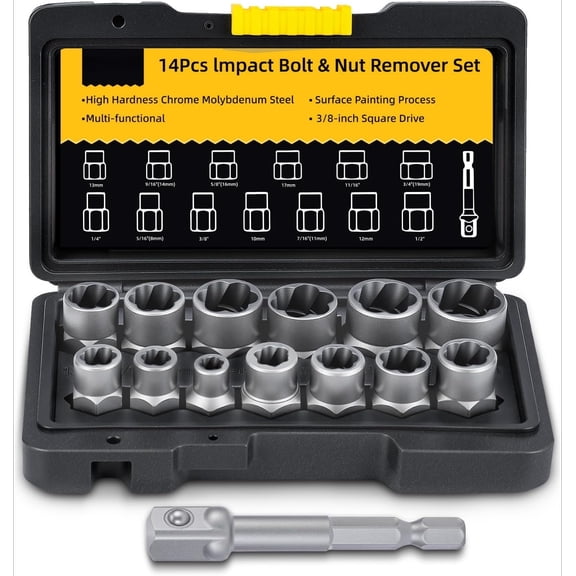 Bolt Extractor Kit, 14 PCS Impact Bolt & Nut Remover Set with 3/8 Inch Adapter, Upgrade Stripped Bolt Extractor Socket Set with Portable Tool Box, Easy Out for Rusted, Damaged, Round Bolt Nuts Screws