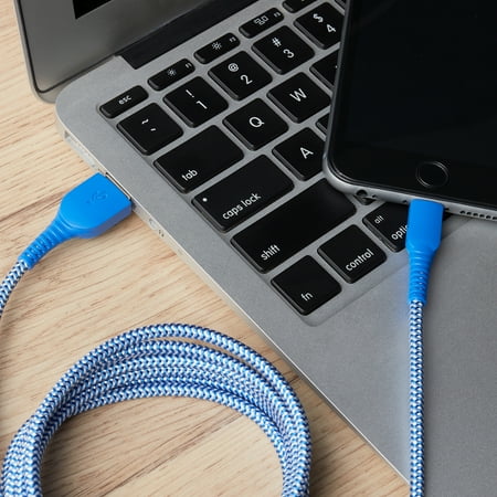 onn. 6' Braided Lightning to USB Cable, Blue