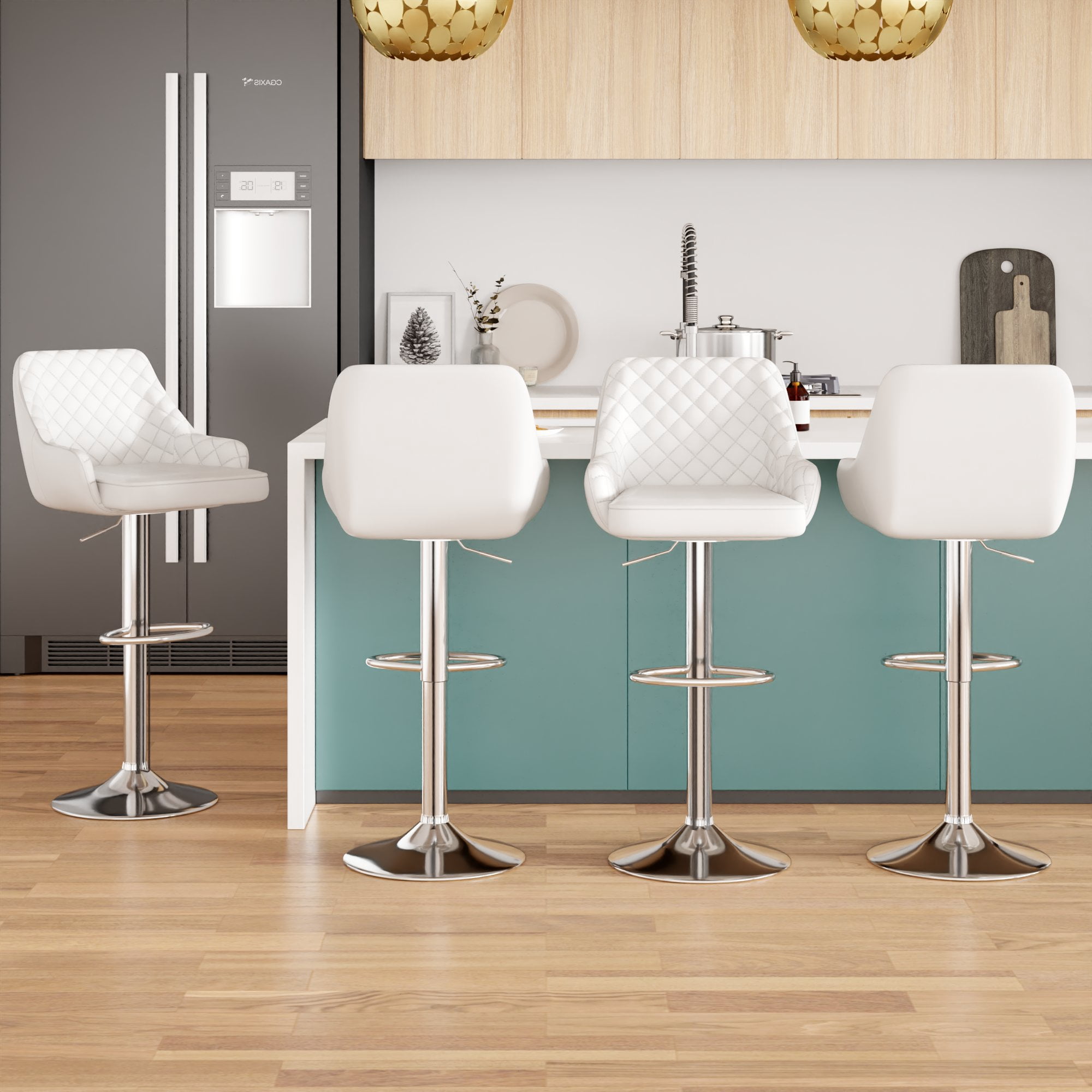 VECELO Set of 4 Bar Stools Adjustable Counter Height Swivel Barstools with Back and Armrest, White