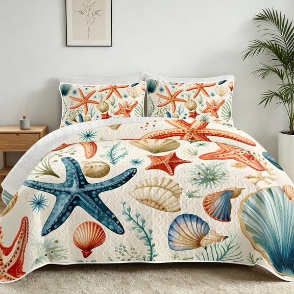 Davulos Coastal Quilt Sets King Size,3 Piece Starfish Seashell Lightweight Bedspread,Beach Bedding Nautical Coverlet Set for Man Women Bedroom Decor