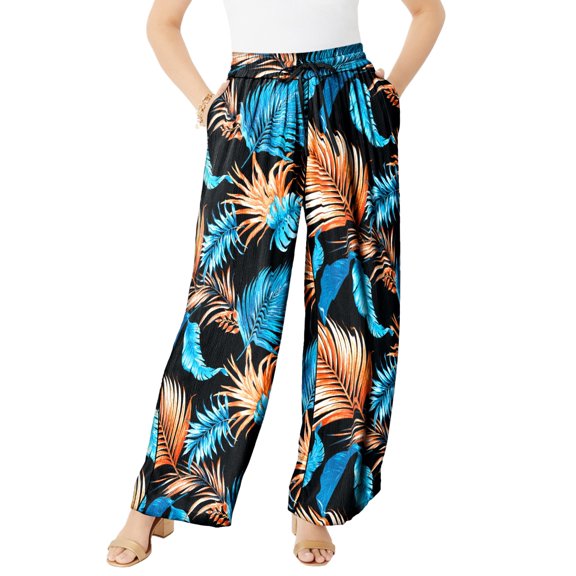 Roaman's Women's Plus Size Hand Crinkled Wide-Leg Pant