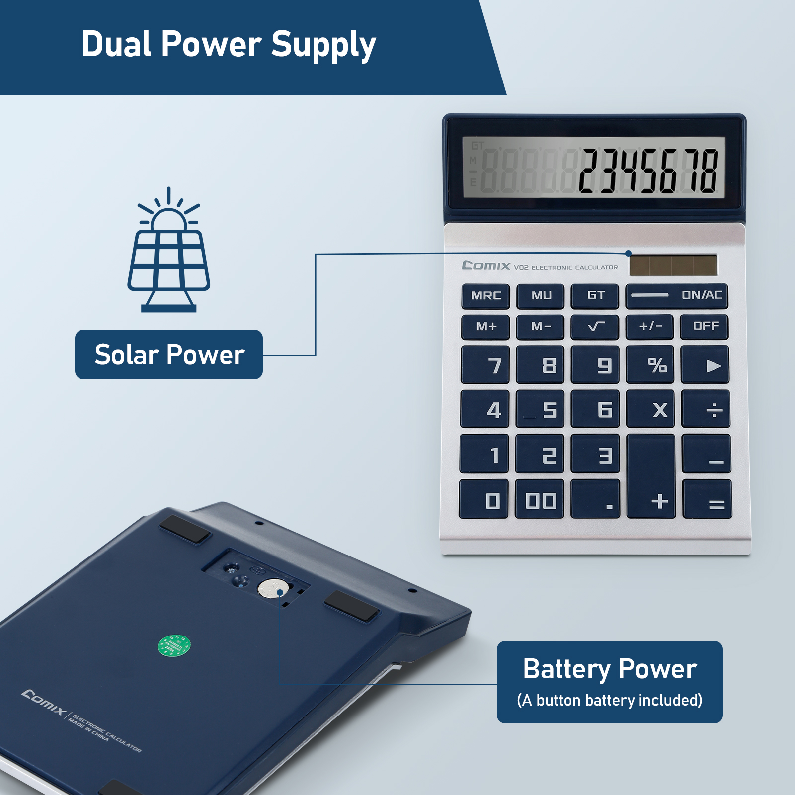 COMIX 12-Digit Desktop Calculator, Dual Power, Blue photo 6
