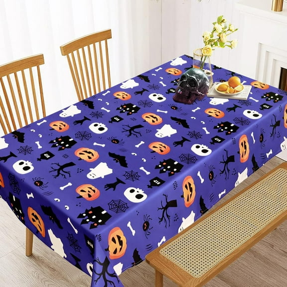 Halloween Tablecloth, Spider Web and Pumpkin Table Cloth, Cobweb and Ghost Waterproof Spillproof Tablecover for Halloween Dinner Party Decoration, Purple, 60 x 84 Inch
