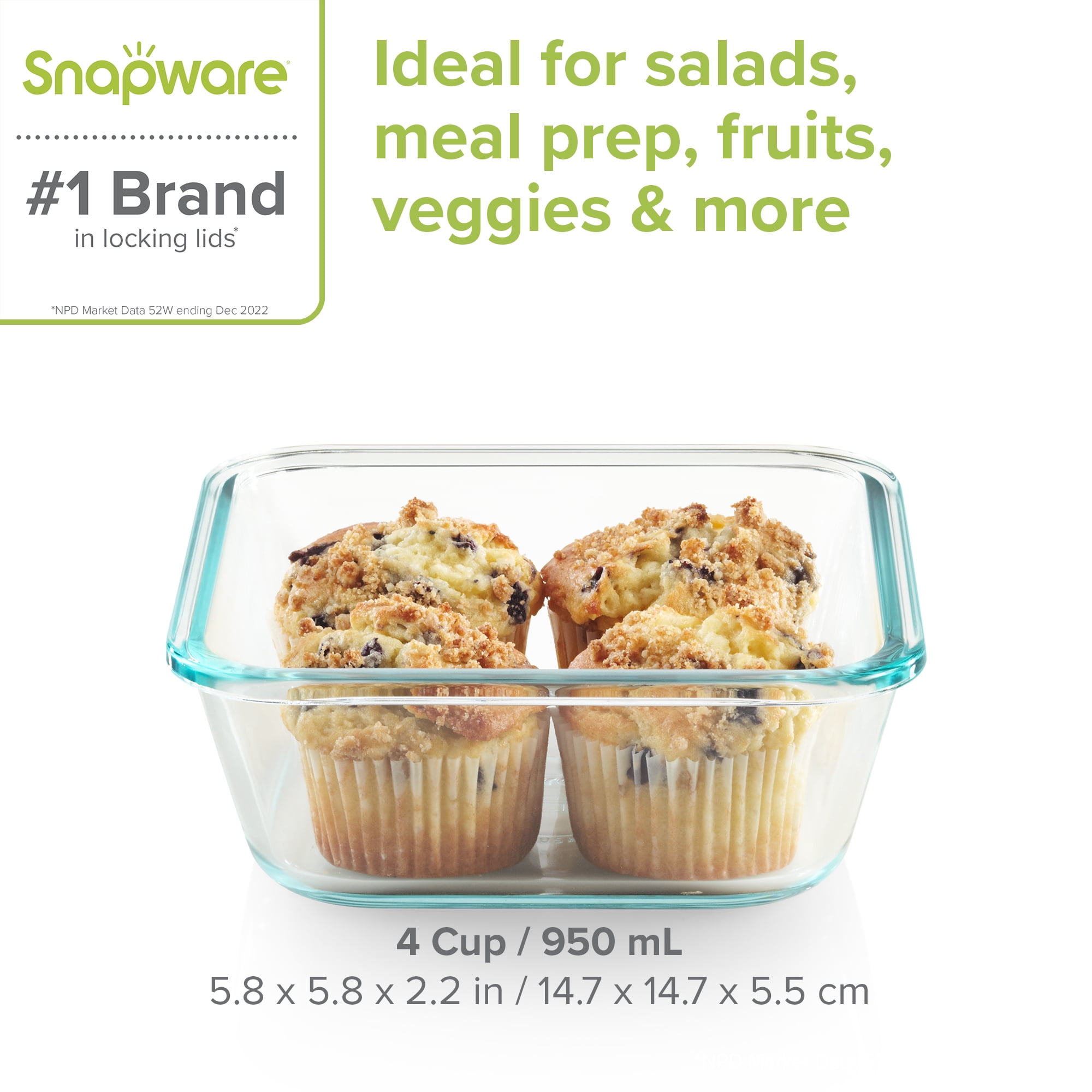 Snapware Total Solution 24-Pc Glass Food Storage Container Meal Prep Set with Plastic Lids, 4-Cup, 2-Cup & 1-Cup, BPA-Free Lids with 4 Locking Tabs