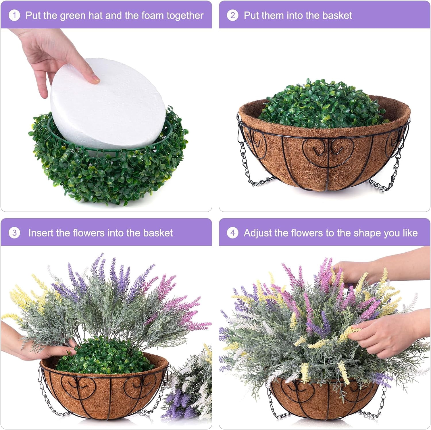 Artificial Fake Hanging Flowers Plants Basket for Outdoor Outside Spring Summer Decoration, Faux Mixed Colorful Lavender in Planter Look Real UV Resistant for Home Patio Porch Balcony Yard