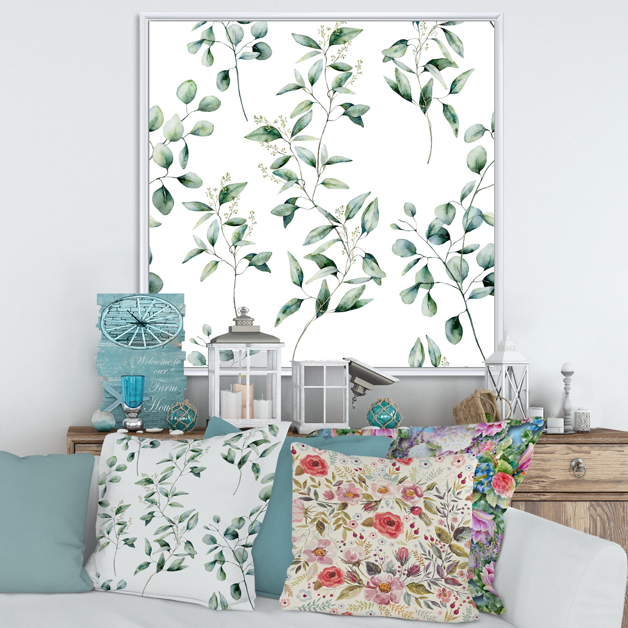 Designart 'Green Eucalyptus Plant Branches IV' Traditional Framed Canvas Wall Art Print
