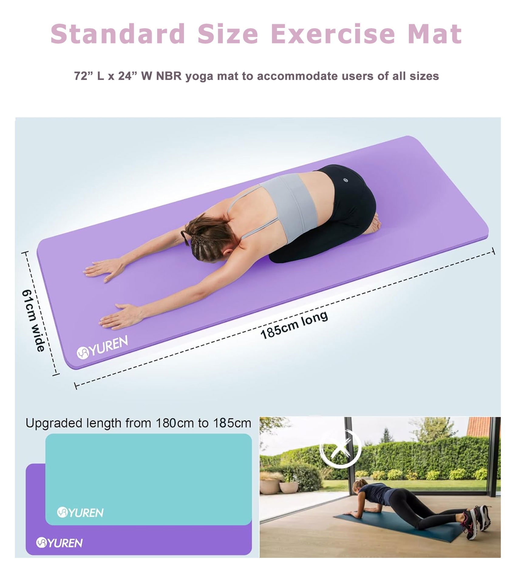 YR Thick Yoga Mat 1/2 Inch Stretching Pilates Hi-Density Foam Exercise Mats, Purple with Yoga Bag