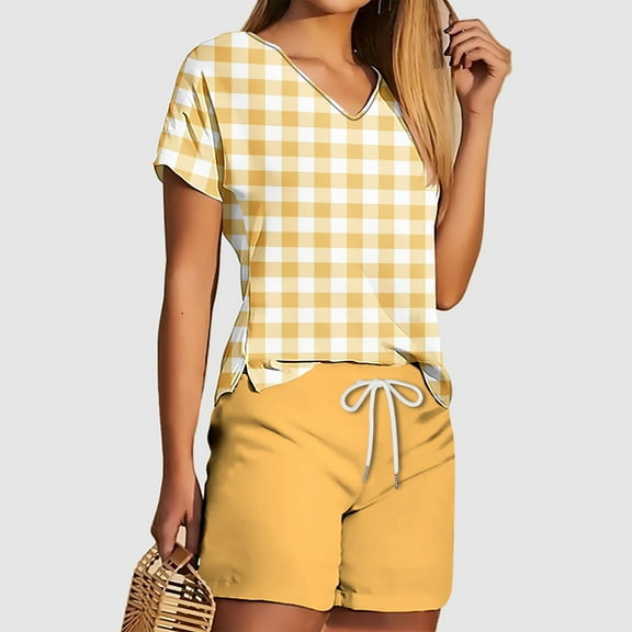 Viluyesy V-Neck T-Shirt and Shorts 2PC for Women Printed Tops Elastic Waist Short Pants Sets Shirt and Shorts Sets Two PC Yellow Size XL