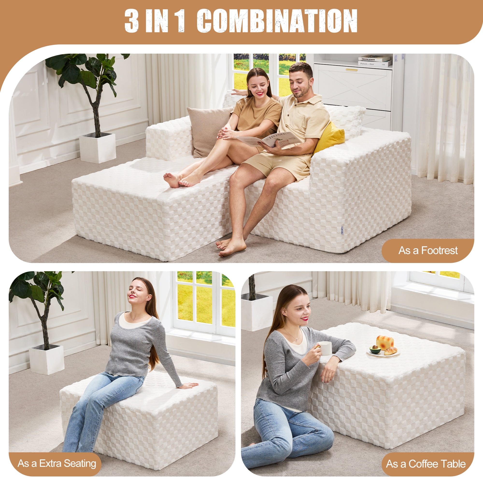 Hobestluk Rectangle Ottoman Memory Foam Footrest for Couch with Removable Cover Large Floor Seating for Adults Ottoman Coffee Table for Living Room, Bedroom or Office (STRIP WHITE, Footrest)
