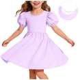 thumbnail image 3 of Mitankcoo Girls Puff Mini Dresses Crew Neck Short Sleeve Cross Back A-Line Dress for Everyday & Vacation Wear, 3 of 8