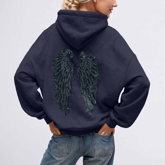 EliteGoogv Women Hoodies Hooded Sweatshirt Angel Glitter Wings Embroidery Pullover Daily Outdoor Navy S