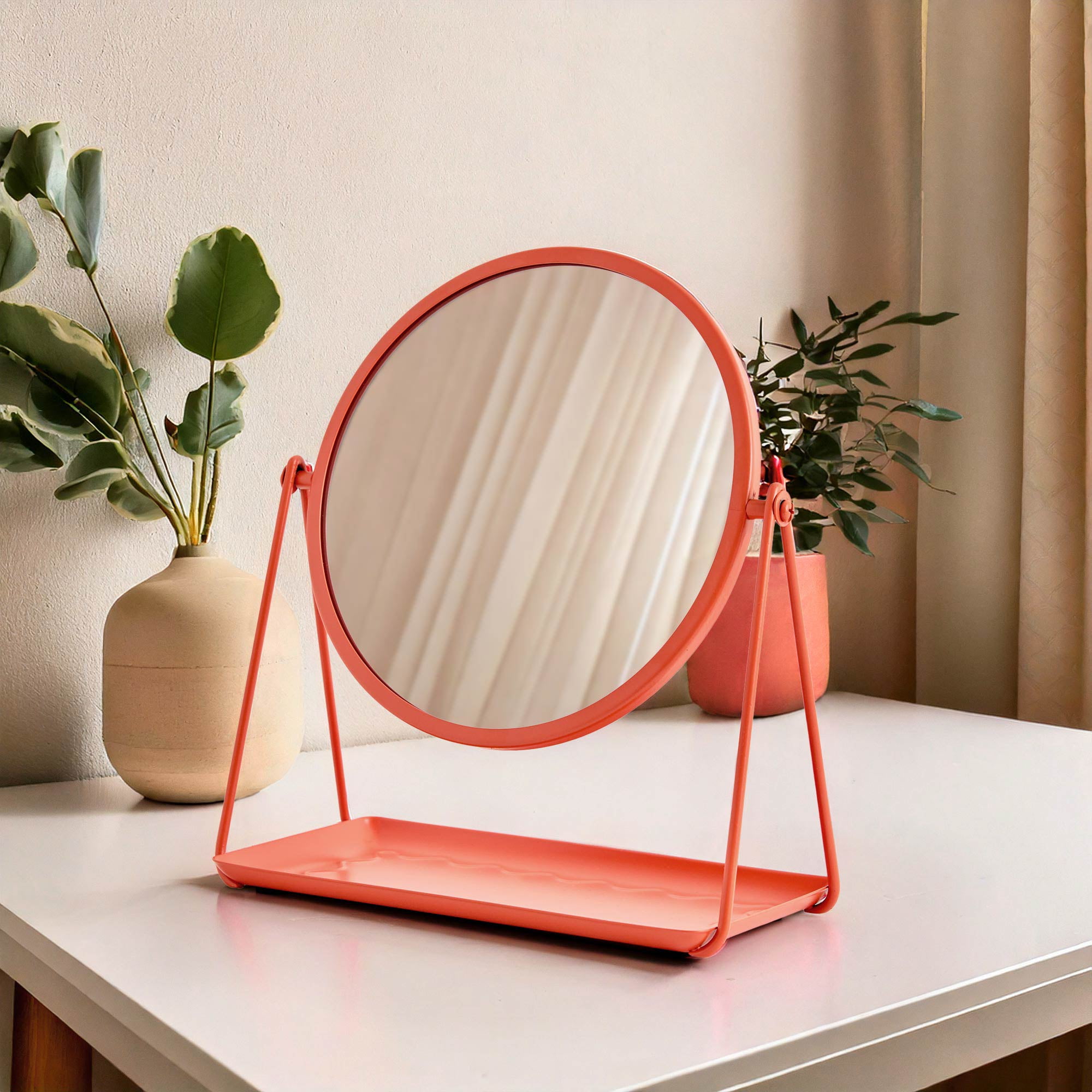 Mainstays by Becky G. & Alejandra 9.65" Round Tabletop Mirror with Metal Tray, Coral
