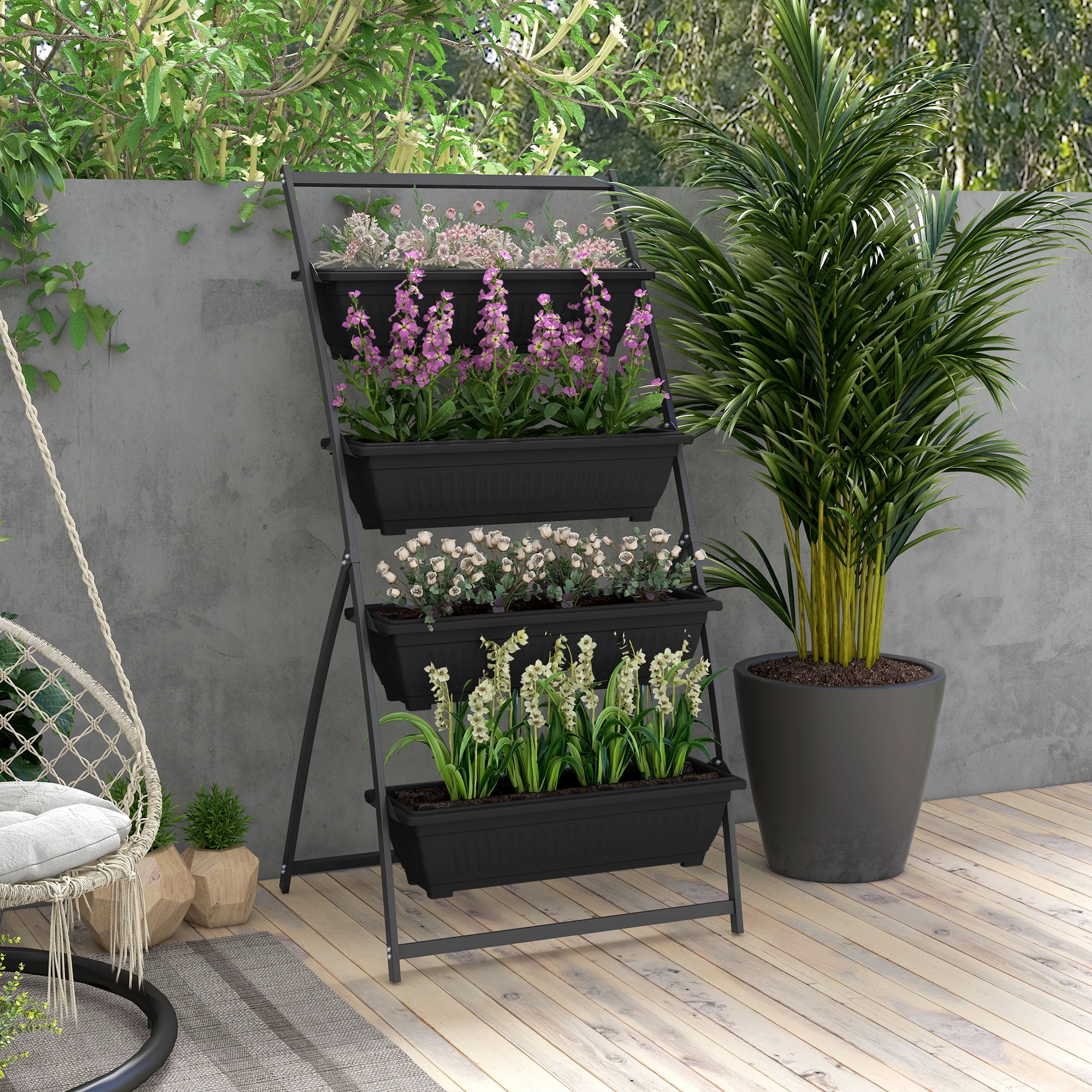 Raised Garden Bed, 4 Tier Vertical Garden Planter Set, 4 Outdoor Planter Boxes with Stand, Self Draining Design Elevated Garden for Vegetable, Flowers & Herbs, Black